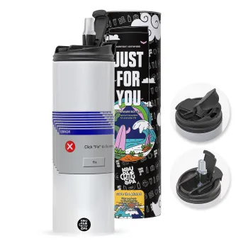 Fatal Error, Travel Tumbler θερμό με διπλό καπάκι, μεταλλικό καλαμάκι και βούρτσα καθαρισμού (Ανωξείδωτο 304 Food grade, BPA free, 600ml)