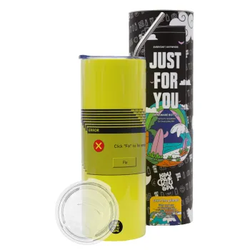 Fatal Error, Neon Yellow Travel Tumbler θερμό, μεταλλικό καλαμάκι(Ανωξείδωτο 304 Food grade, BPA free, 600ml)
