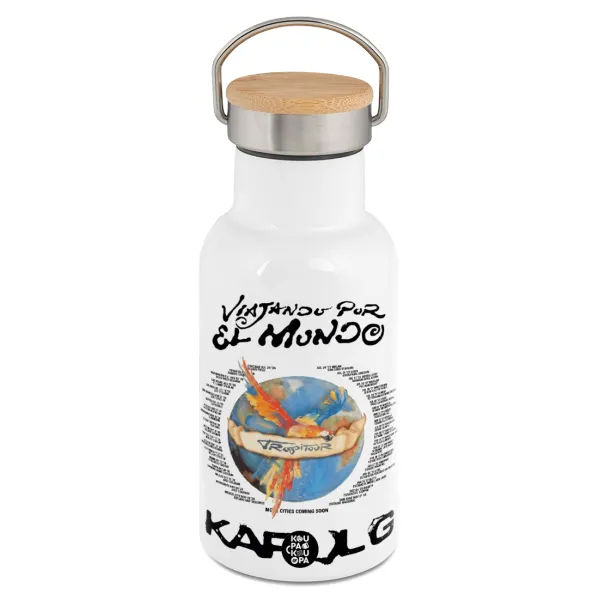 Karol G Tropicoqueta — Metallic thermos (Stainless steel) White with wooden lid (bamboo), double-walled, 350ml