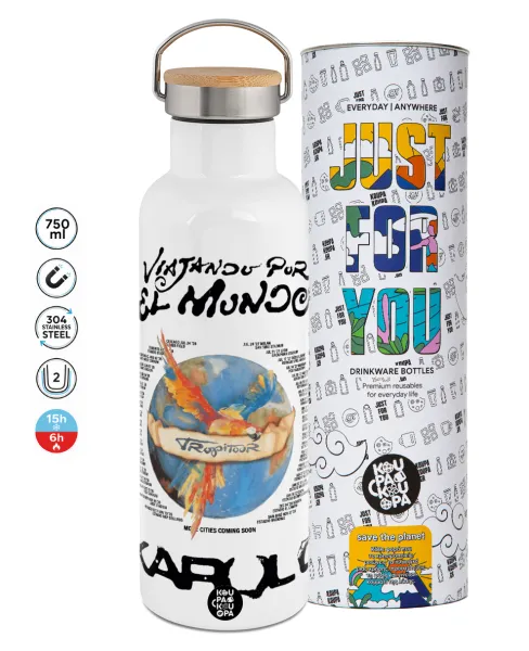 Karol G Tropicoqueta — Stainless steel White with wooden lid (bamboo), double wall, 750ml