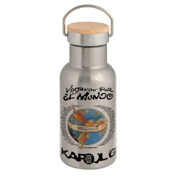 Karol G Tropicoqueta, Μεταλλικό παγούρι θερμός (Stainless steel) Ασημένιο με ξύλινο καπακι (bamboo), διπλού τοιχώματος, 350ml