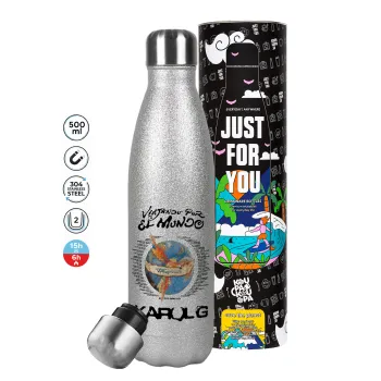 Karol G Tropicoqueta, Μεταλλικό παγούρι θερμός Glitter Aσημένιο (Stainless steel), διπλού τοιχώματος, 500ml