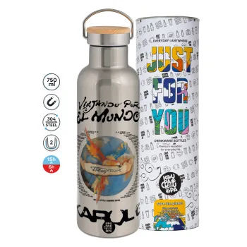 Karol G Tropicoqueta, Μεταλλικό παγούρι θερμός (Stainless steel) Ασημένιο με ξύλινο καπακι (bamboo), διπλού τοιχώματος, 750ml