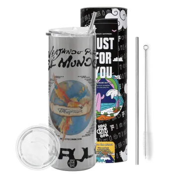 Karol G Tropicoqueta, Tumbler stainless steel Silver 600ml, with metal straw & cleaning brush