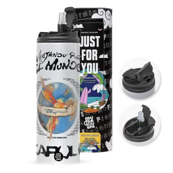 Karol G Tropicoqueta, Travel Tumbler 2 Lids, with metal straw & cleaning brush (Stainless steel 304 Food grade, BPA free, 600ml)