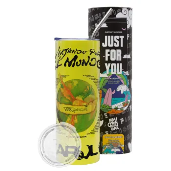 Karol G Tropicoqueta, Neon Yellow Travel Tumbler, with metal straw (Stainless steel 304 Food grade, BPA free, 600ml)