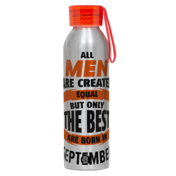 All men are created equal but only the best are born in September, Αλουμινένιο Αθλητικό Μπουκάλι 650ml – Ασημί με Κόκκινο Καπάκι και Λουράκι Σιλικόνης