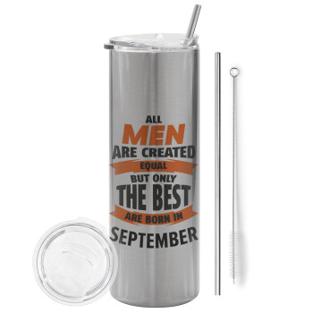 All men are created equal but only the best are born in September, Eco friendly stainless steel Silver tumbler 600ml, with metal straw & cleaning brush