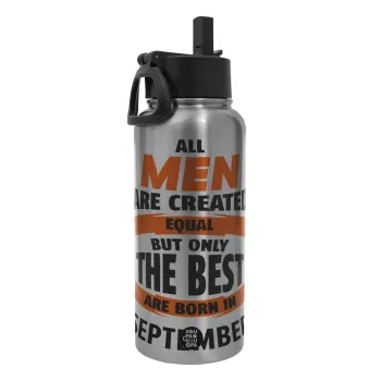 All men are created equal but only the best are born in September, Μεταλλικό παγούρι θερμός Silver με καλαμάκι και χερούλι (Stainless steel), διπλού τοιχώματος, 950ml