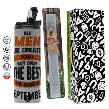 All men are created equal but only the best are born in September, Πασχαλινή Λαμπάδα με Travel Tumbler θερμό (600ml, BPA free) & κερί αρωματικό πλακέ (30cm) (ΓΚΡΙ)