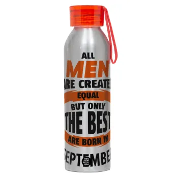 All men are created equal but only the best are born in September, Αλουμινένιο Αθλητικό Μπουκάλι 650ml – Ασημί με Κόκκινο Καπάκι και Λουράκι Σιλικόνης