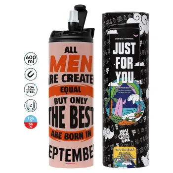 All men are created equal but only the best are born in September, Tumbler ποτήρι θερμό ΡΟΖ από ανοξείδωτο ατσάλι 600ml