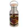 Stainless steel metallic thermos flask, silver with a bamboo lid, double-walled, 350ml.