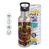 Water bottle Silver with straw, stainless steel 600ml