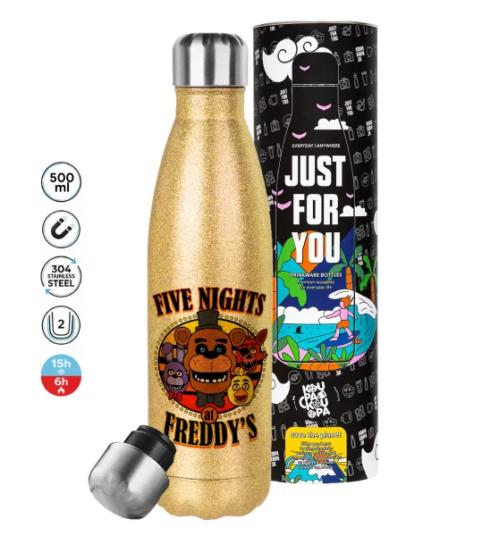 Five Nights at Freddy's — Glitter gold stainless steel thermos bottle, double-walled, 500ml