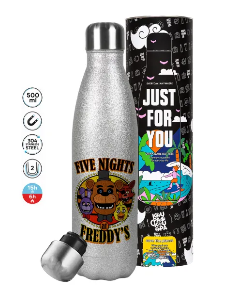 Five Nights at Freddy's — Metallic Glitter Silver Thermos Flask (Stainless steel), double-walled, 500ml