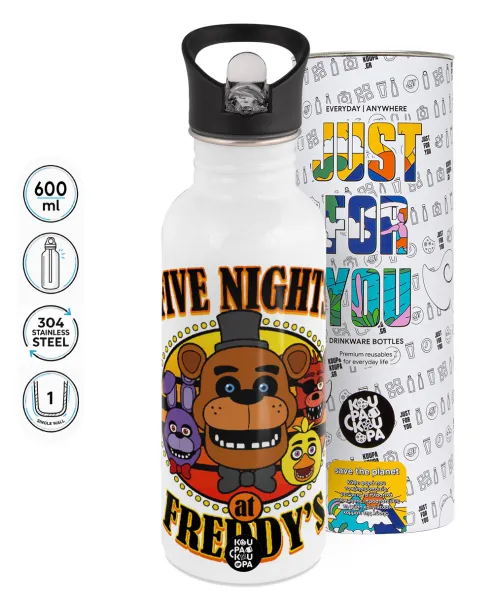 Five Nights at Freddy's — Παγούρι νερού Λευκό με καλαμάκι, ανοξείδωτο ατσάλι 600ml