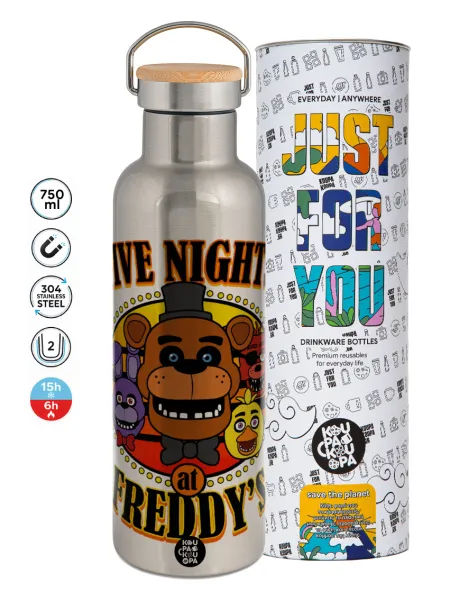 Five Nights at Freddy's — Stainless steel Silver with wooden lid (bamboo), double wall, 750ml
