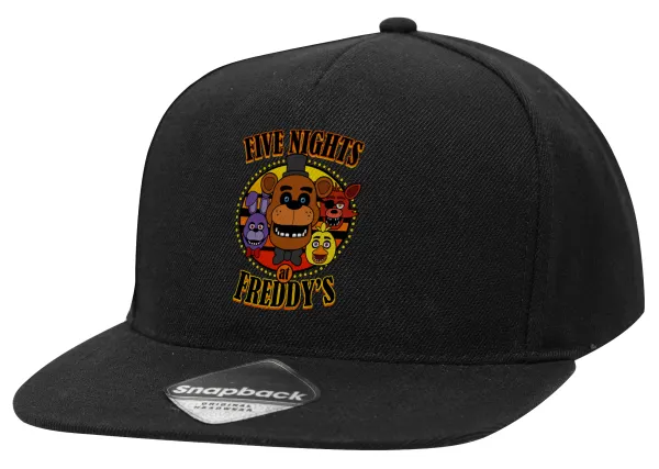 Five Nights at Freddy's — Adult Flat Snapback Hat Black, (100% COTTON TWILL, ADULT, UNISEX, ONE SIZE)