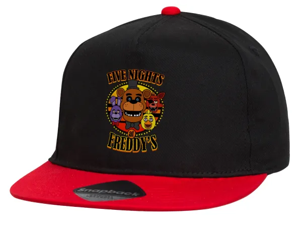 Five Nights at Freddy's — Flat Snapback Hat, Black/Red (100% COTTON, UNISEX, ONE SIZE)