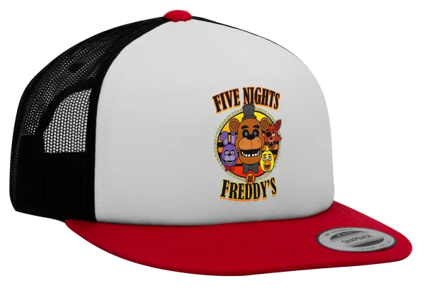 Five Nights at Freddy's — Adult Foam Flat Snapback with Mesh Red-White-Black (POLYESTER, ADULT, UNISEX, ONE SIZE)