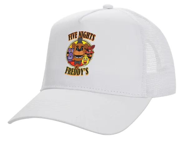 Five Nights at Freddy's — Structured Trucker Adult Hat, with Mesh, WHITE (100% COTTON, ADULT, UNISEX, ONE SIZE)