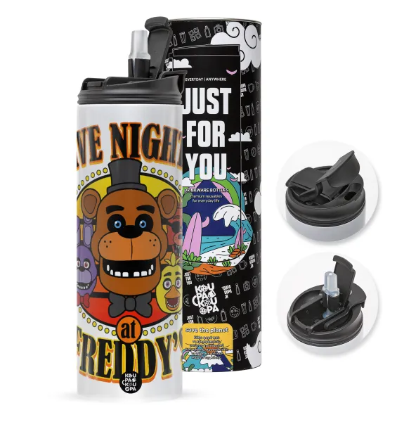Five Nights at Freddy's — Travel Tumbler 2 Lids, with metal straw & cleaning brush (Stainless steel 304 Food grade, BPA free, 600ml)