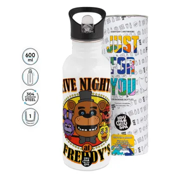 Five Nights at Freddy's, Παγούρι νερού Λευκό με καλαμάκι, ανοξείδωτο ατσάλι 600ml