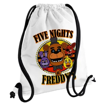 Five Nights at Freddy's, Τσάντα πλάτης πουγκί GYMBAG λευκή, με τσέπη (40x48cm) & χονδρά κορδόνια