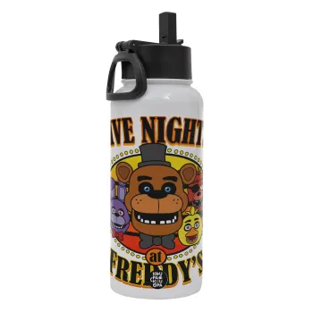 Five Nights at Freddy's, Μεταλλικό παγούρι θερμός Λευκό με καλαμάκι και χερούλι (Stainless steel), διπλού τοιχώματος, 950ml