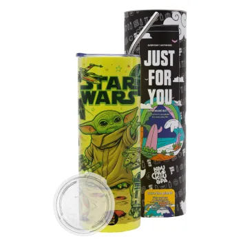 Grogu, Neon Yellow Travel Tumbler θερμό, μεταλλικό καλαμάκι(Ανωξείδωτο 304 Food grade, BPA free, 600ml)