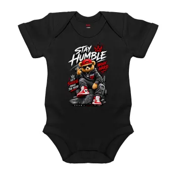Stay Humble Bear, Βρεφικό φορμάκι μωρού, 0-18 μηνών, ΜΑΥΡΟ, 100% Organic Cotton, κοντομάνικο