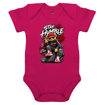 Stay Humble Bear, Βρεφικό φορμάκι μωρού, 0-18 μηνών, ΡΟΖ, 100% Organic Cotton, κοντομάνικο