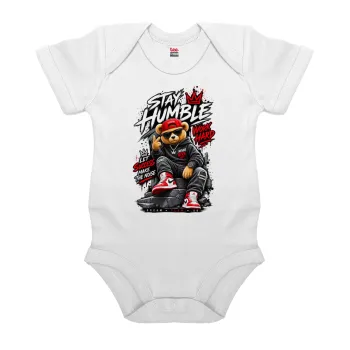 Stay Humble Bear, Βρεφικό φορμάκι μωρού, 0-24 μηνών, ΛΕΥΚΟ, 100% Organic Cotton, κοντομάνικο