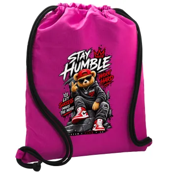 Stay Humble Bear, Τσάντα πλάτης πουγκί GYMBAG Φούξια, με τσέπη (40x48cm) & χονδρά κορδόνια