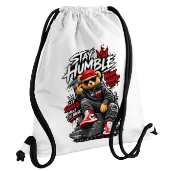 Stay Humble Bear, Backpack pouch GYMBAG white, with pocket (40x48cm) & thick cords