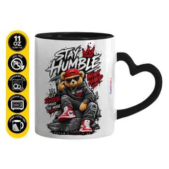 Stay Humble Bear, Κούπα καρδιά χερούλι μαύρη, κεραμική, 330ml