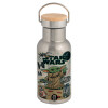 Stainless steel metallic thermos flask, silver with a bamboo lid, double-walled, 350ml.