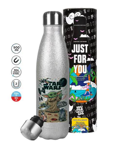 Grogu — Metallic Glitter Silver Thermos Flask (Stainless steel), double-walled, 500ml