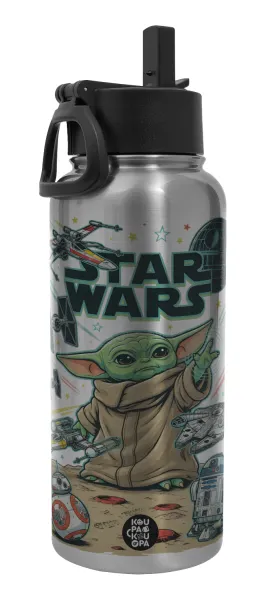 Grogu — Metal mug thermo Silver with Straw and Spout Lid (Stainless steel), double wall, 950ml