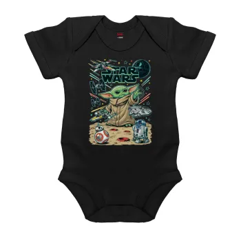 Grogu, Βρεφικό φορμάκι μωρού, 0-18 μηνών, ΜΑΥΡΟ, 100% Organic Cotton, κοντομάνικο