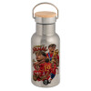 Stainless steel metallic thermos flask, silver with a bamboo lid, double-walled, 350ml.