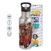 Water bottle Silver with straw, stainless steel 600ml