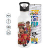 White water bottle with straw, stainless steel 600ml