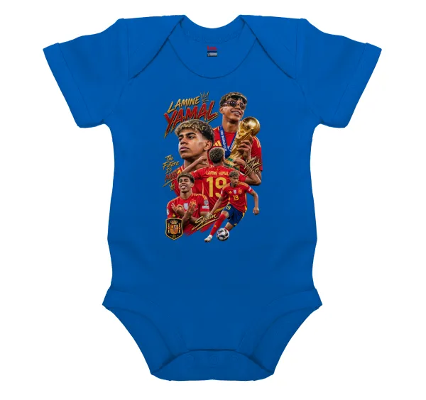 Lamine Yamal (Λαμίν Γιαμάλ) — Short-sleeve baby bodysuit, cobalt blue, 100% organic cotton