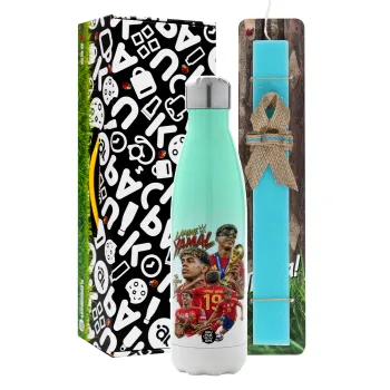 Lamine Yamal (Λαμίν Γιαμάλ), Easter Set, Metallic green/white thermos (Stainless steel), double-walled, 500ml & scented flat Easter candle (30cm) (TURQUOISE)