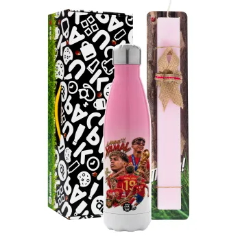Lamine Yamal (Λαμίν Γιαμάλ), Easter Set, Metallic pink/white (Stainless steel) thermos, double-walled, 500ml & aromatic flat Easter candle (30cm) (PINK)