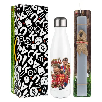 Lamine Yamal (Λαμίν Γιαμάλ), Easter candle, metallic white thermos bottle (500ml) & aromatic flat candle (30cm) (GRAY)