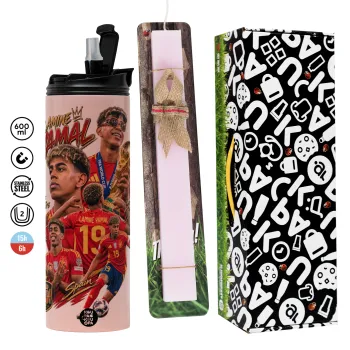 Lamine Yamal (Λαμίν Γιαμάλ), Easter candle, Travel Tumbler 600ml Double Wall & aromatic flat candle (30cm) (PINK)
