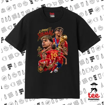 Lamine Yamal (Λαμίν Γιαμάλ), ΜΑΥΡΟ Κλασικό T-Shirt, διπλής ραφής, χωρίς πλευρικές ραφές από 100% βαμβάκι. Vegan & OEKO-TEX πιστοποιημένο.
